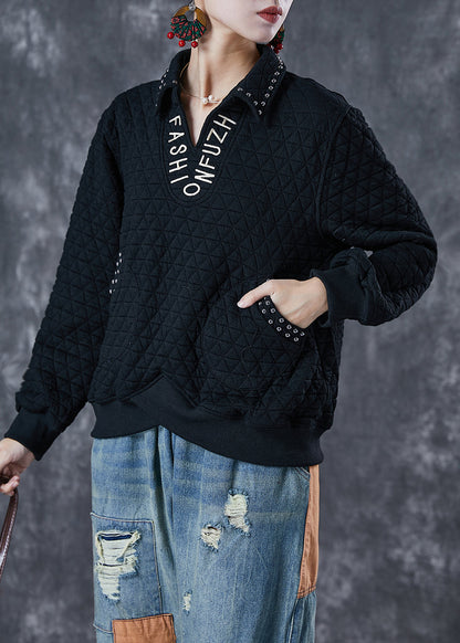 Black Letter Embroideried Rivet Cotton Pullover Sweatshirt Fall