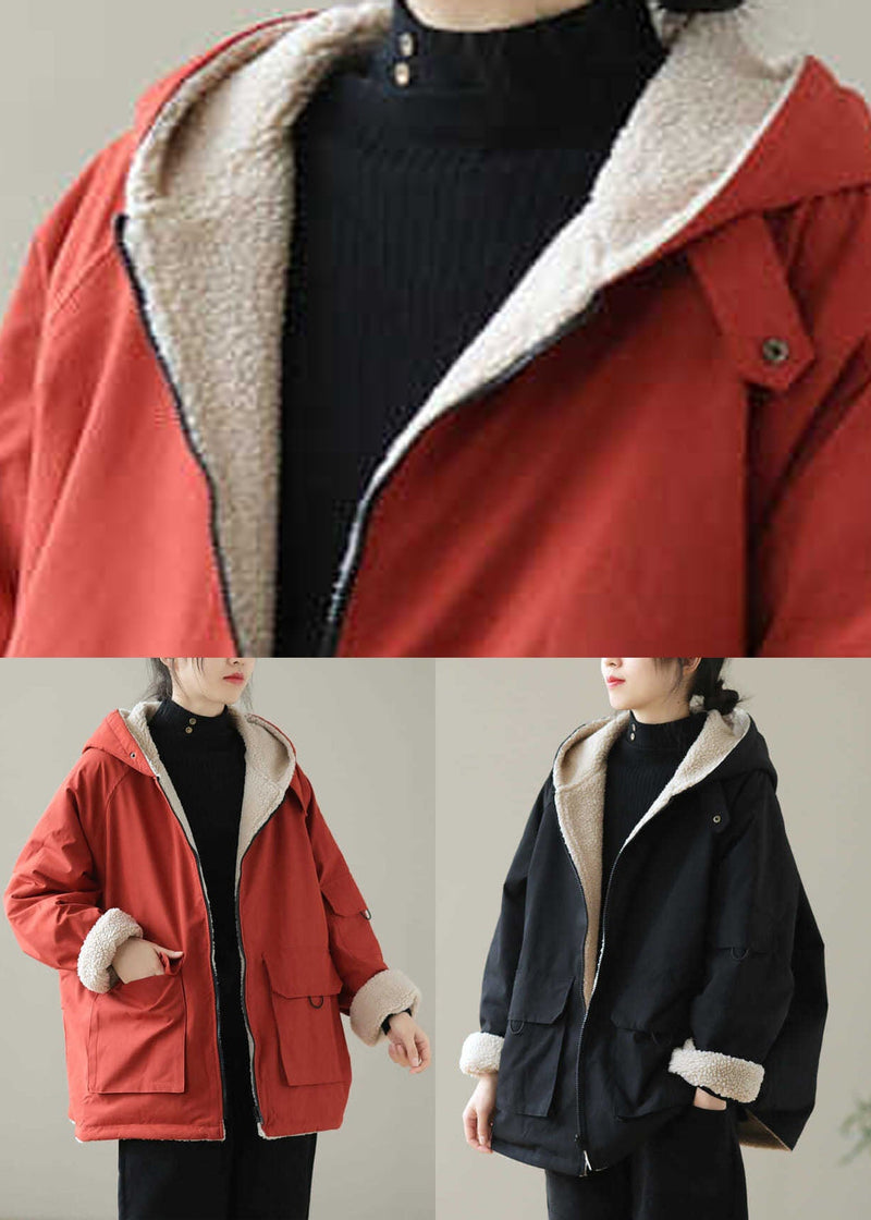 Orange Pockets Wear on Both Sides Thick Hooded Jacket Long Sleeve