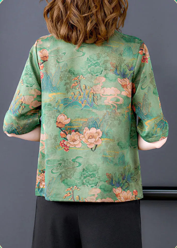 Green Stand Collar Embroideried Print Button Silk Blouse Tops Half Sleeve