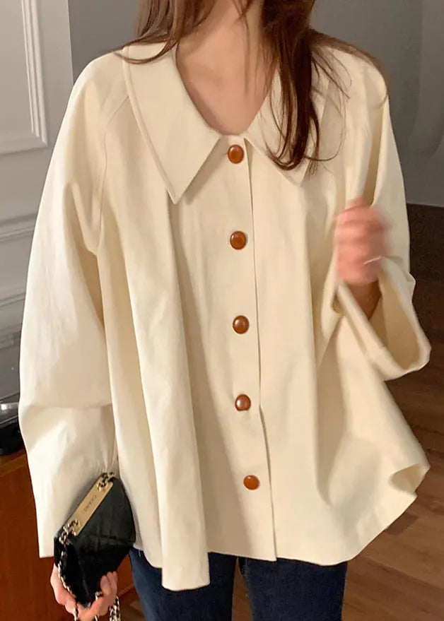 Beige Peter Pan Collar Cotton Loose Shirt Top Spring