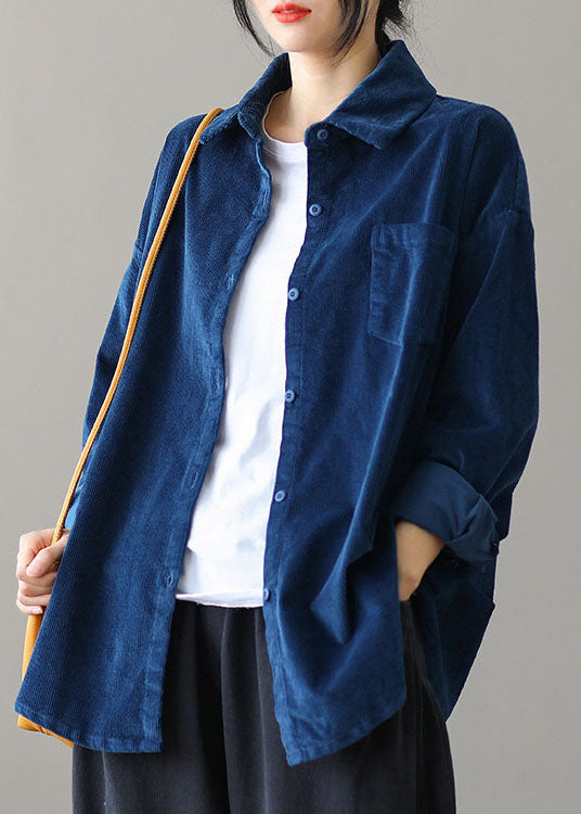 Tibetan Blue Pocket Button Peter Pan Collar Corduroy Blouse Tops Long Sleeve