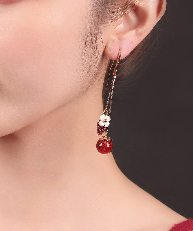 Red Copper Cloisonne Cloured Glaze Strawberry Shell Flower Drop Earrings