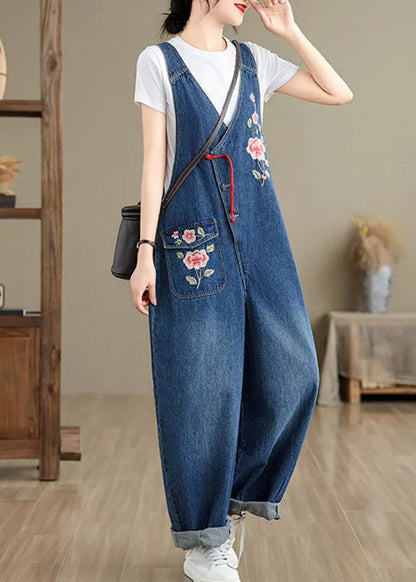 Boutique Blue V Neck Asymmetrical Pockets Denim Jumpsuit Summer