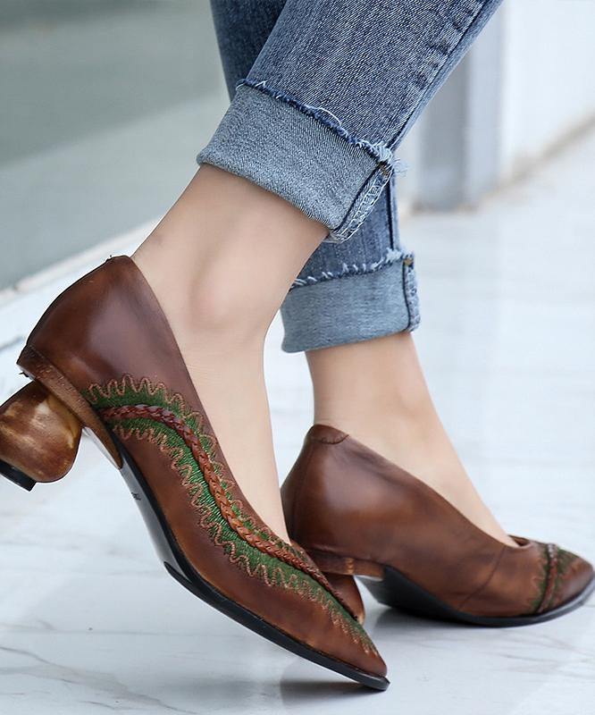 Red High Heels Chunky Genuine Leather Pointed Toe High Heels
