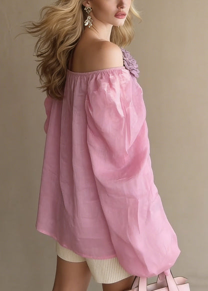 Loose Pink Slash Neck Cotton Blouses Spring