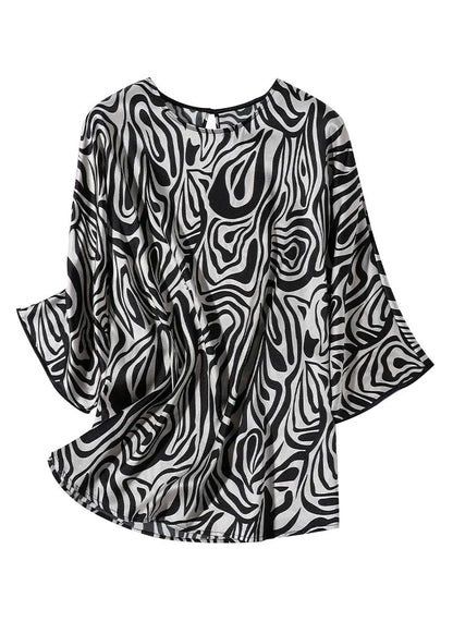 Loose Leopard O-neck Silk Tops Long Sleeve