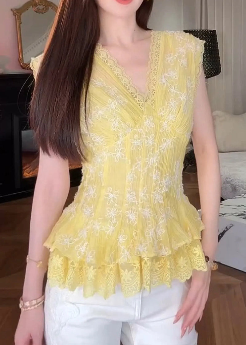 Boutique Yellow Embroidered Lace Patchwork Cotton Shirts Sleeveless