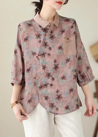 Print Peter Pan Collar Button Cotton Tops Spring