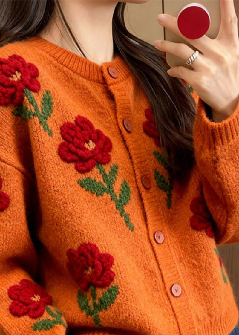 Orange O Neck Knit Loose Cardigans Fall