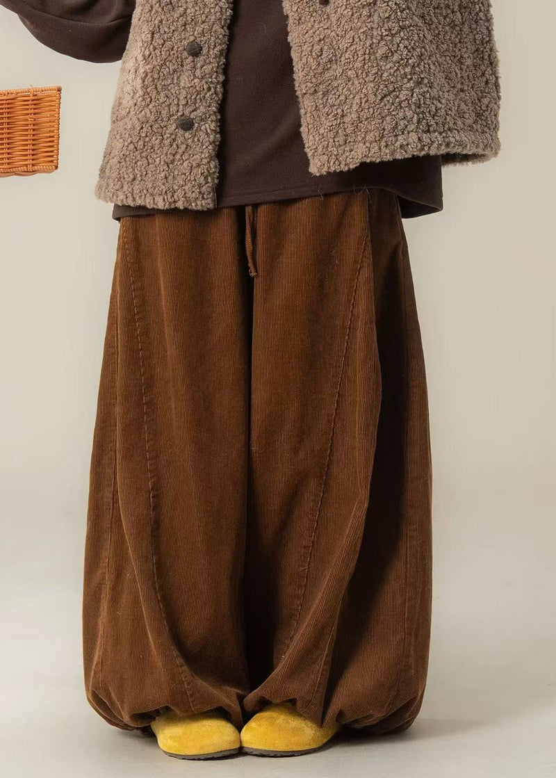Brown Oversized Drawstring Corduroy Wide Leg Pants Spring