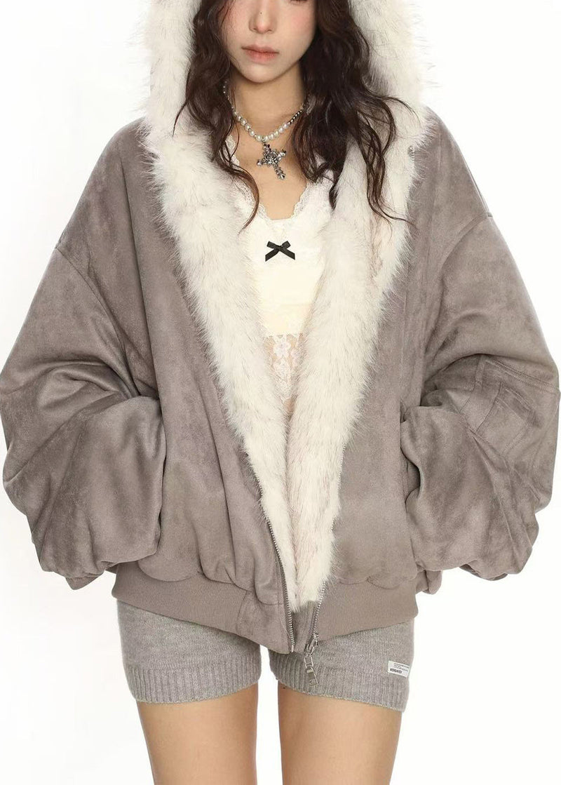 French Grey Wear on Both Sides Faux Suede Hooded Coats Winter