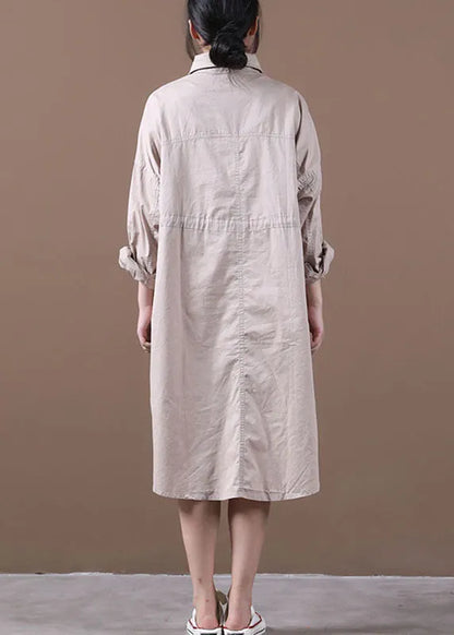 Loose Khaki Peterpan Collar Tie Waist Button Fall Long Sleeve Tops