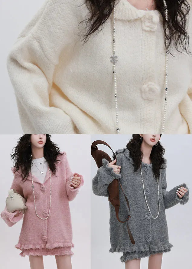Fine White Hooded Flower Decorated Knit Two Pieces Set Winter