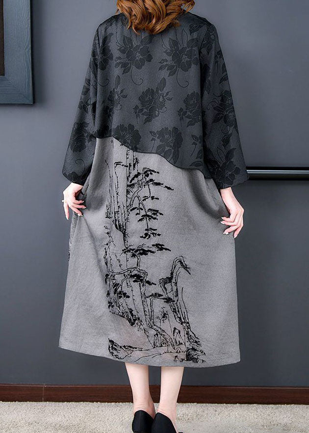 Black Tasseled Patchwork Print Silk Trench Coat Spring