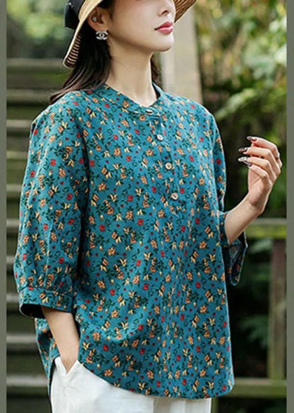 Blue Print Linen Loose Shirts for O-neck Button Bracelet Sleeve