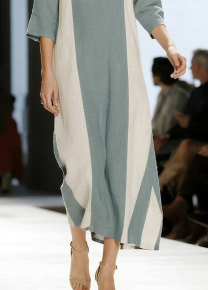 Modern Blue V Neck Patchwork Cotton Maxi Dress Half Sleeve