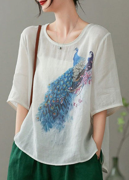 Light Khaki O Neck Print Cotton T Shirts Summer