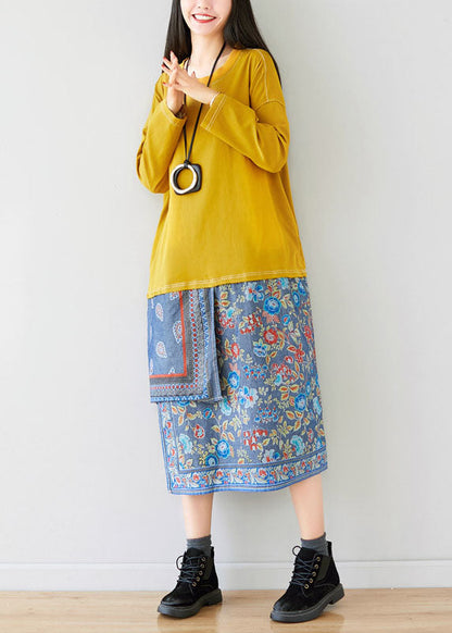 Loose Yellow O-neck Asymmetrical Sweatshirt Dresses Spring