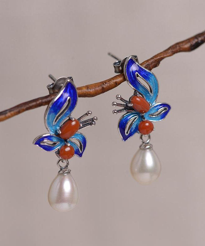 Blue Sterling Silver Cloisonne Jade Pearl Butterfly Stud Earrings