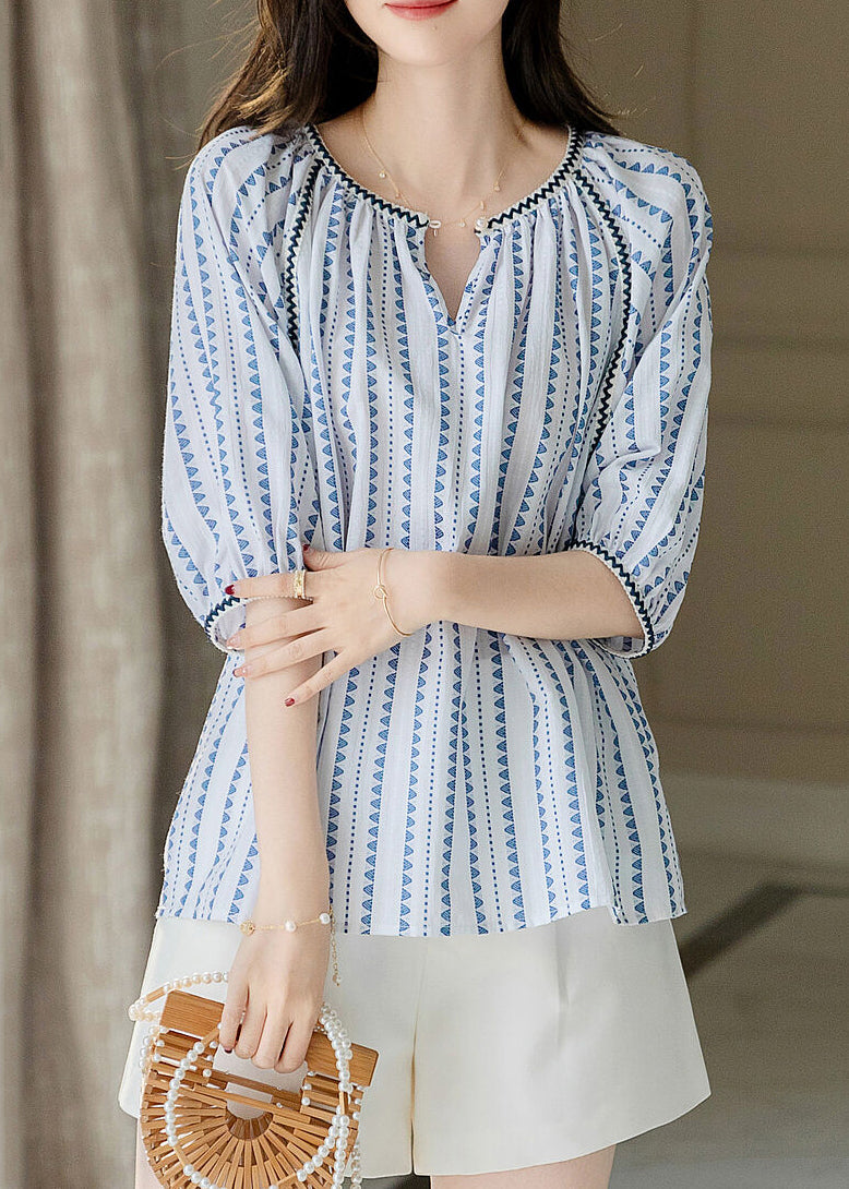 Modern Blue O-neck Chiffon Print Shirts Puff Sleeve