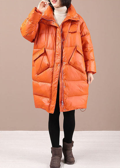 Orange Loose Stand Collar Pockets Winter Duck Down Coats