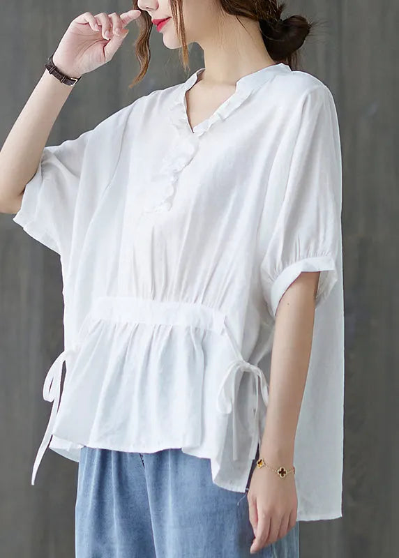 White V Neck Drawstring Ruffled Tank Tops Short Sleeve