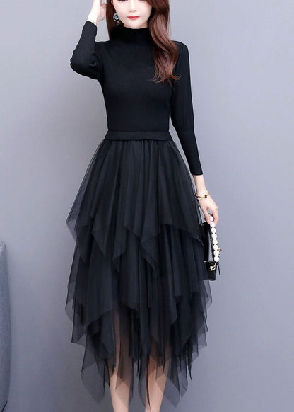 Black Tulle Patchwork Asymmetrical Design Dress Spring