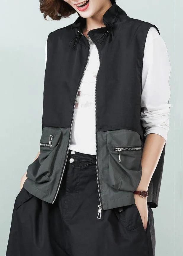 Black Stand Collar Patchwork Drawstring Cotton Vest Spring