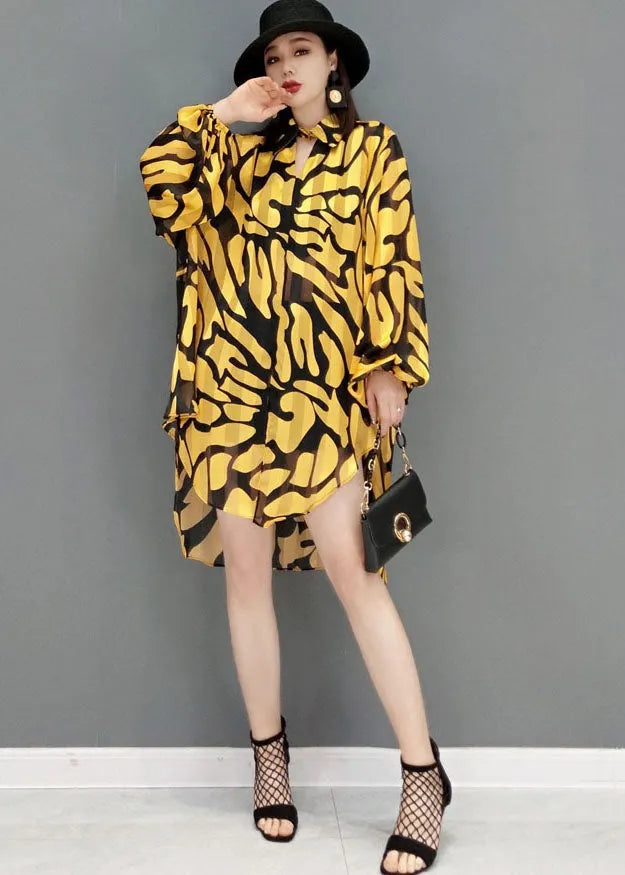 Yellow Peter Pan Collar Print Side Open Chiffon Long Shirt Lantern Sleeve