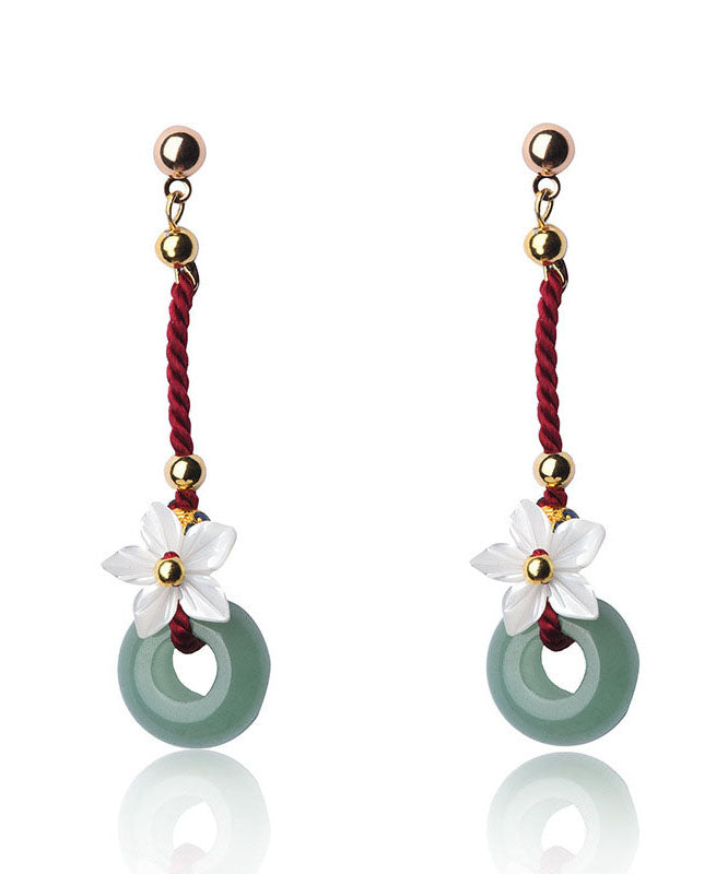 Green Shell Flower Jade 14k Gold Drop Earrings