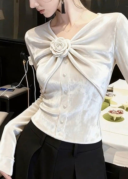 White V Neck Rose Wrinkled Silk Velour Tops Fall
