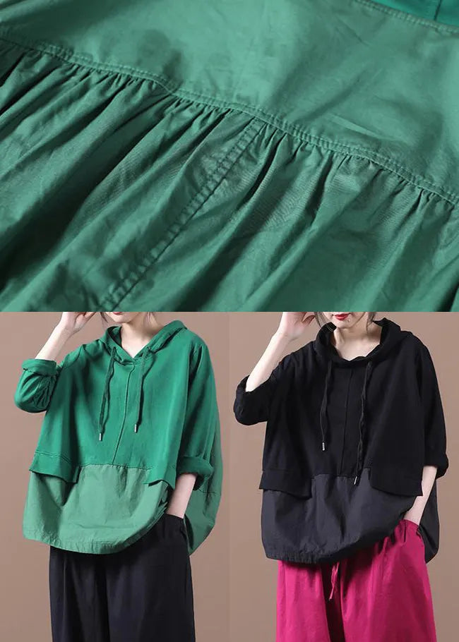 Green Patchwork Drawstring Hooded Sweatshirts Long Sleeve