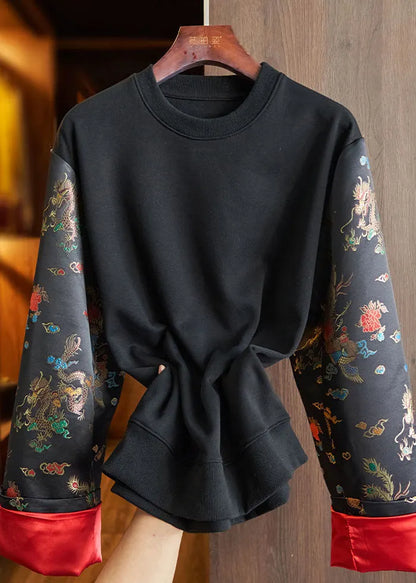 Loose Black O-neck Embroideried Patchwork Cotton Sweatshirt Long Sleeve