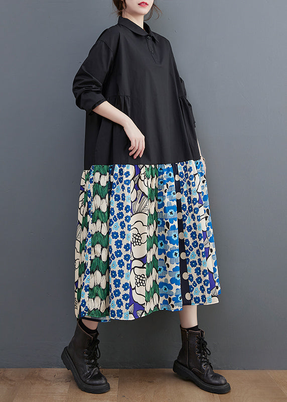 Black Patchwork Cotton a Line Dress Oversized Print Fall