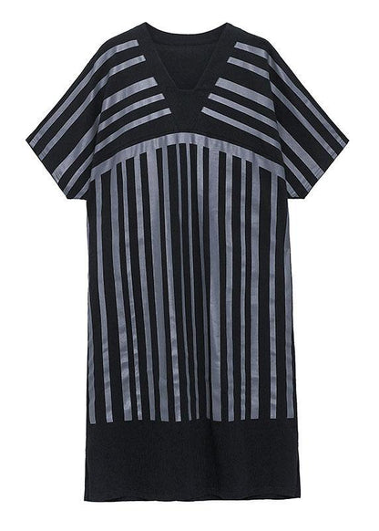 White Striped Cotton Dress V Neck Summer Long Dresses