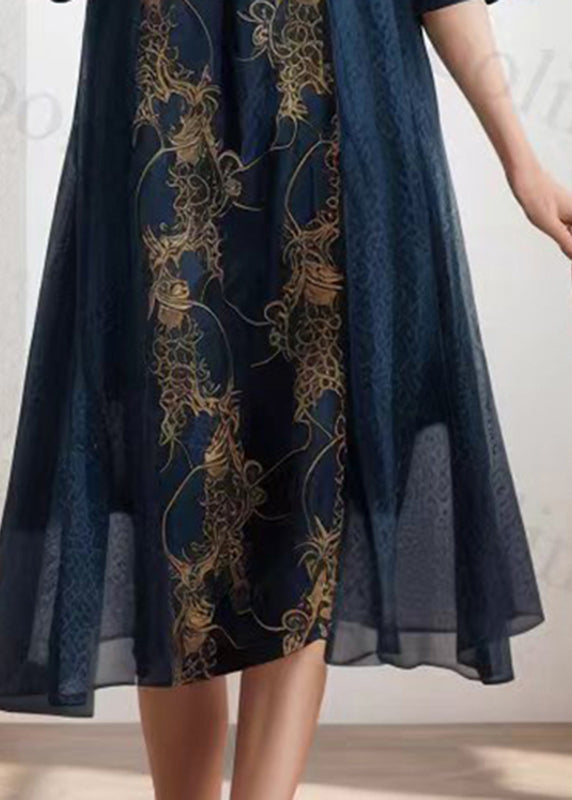 Handmade Royal Blue O-neck Print Silk Long Dress Summer