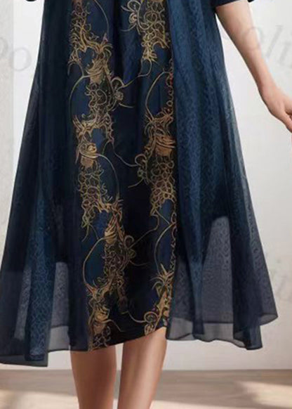 Handmade Royal Blue O-neck Print Silk Long Dress Summer