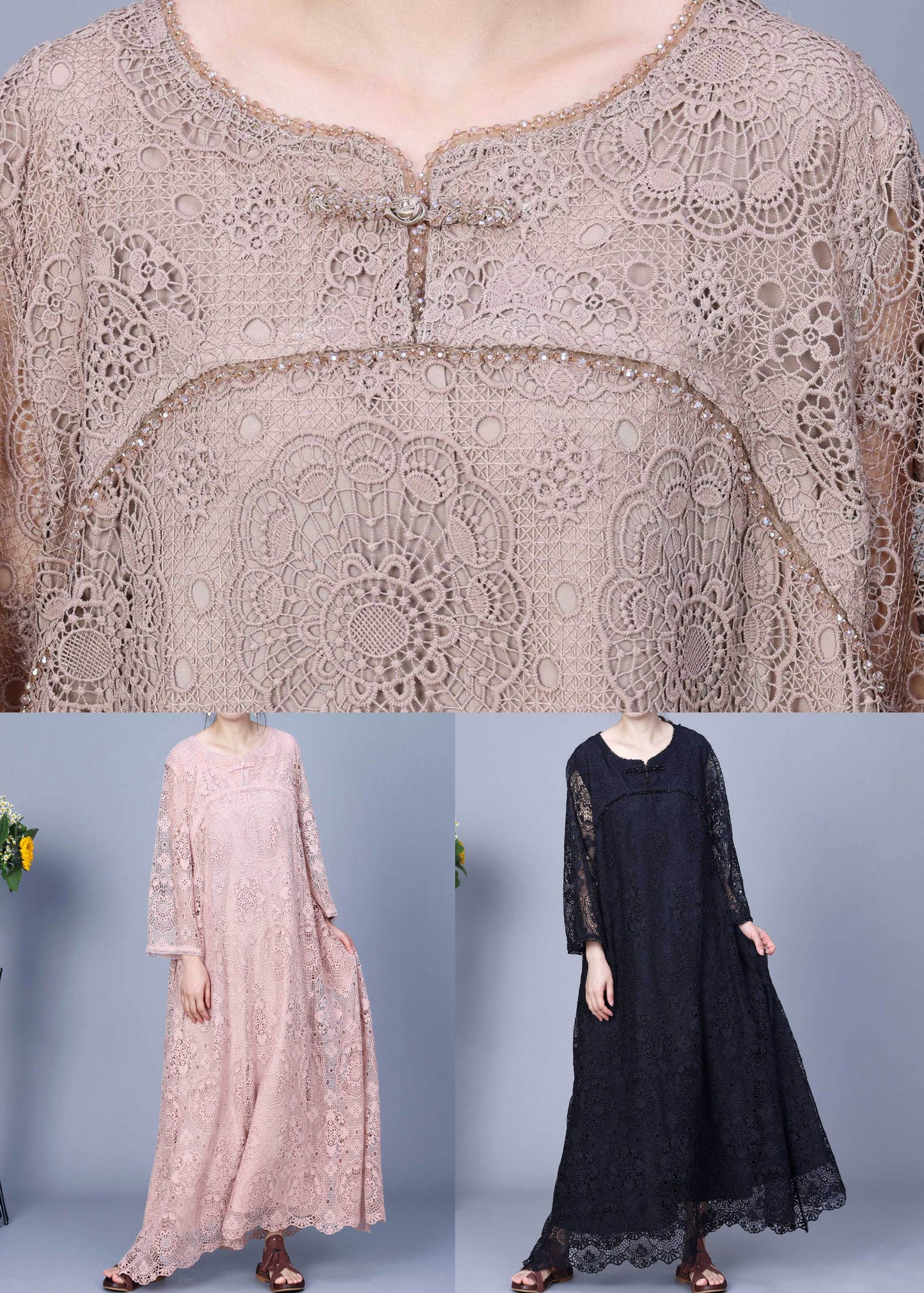 Pink Embroidered Hollow Out Lace Long Dress Spring