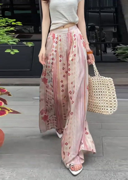 Pink Oversized Print Cotton Wide Leg Pants Fall