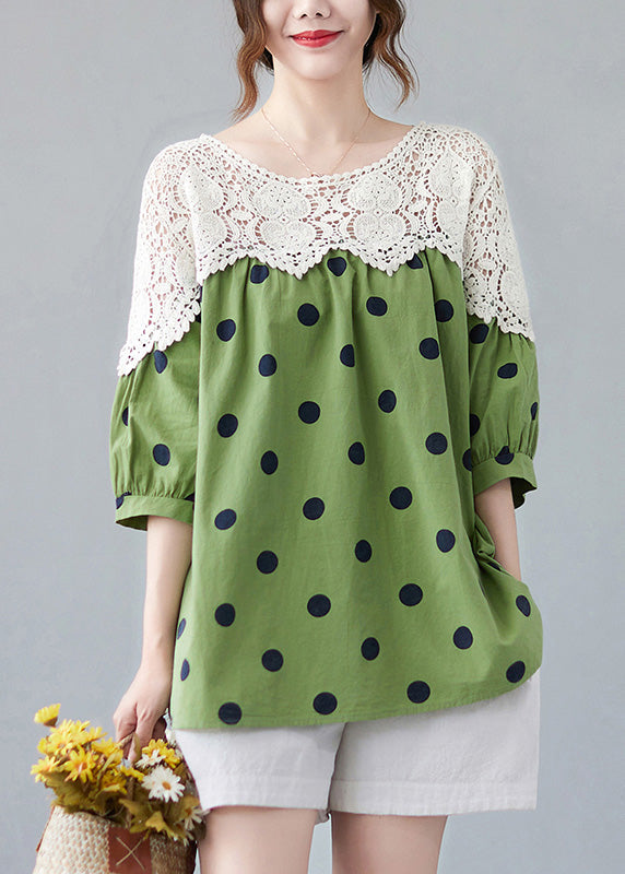 Green O-neck Dot Lace Patchwork Top Summer