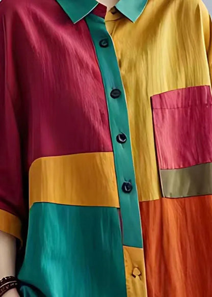 Colorblock Peter Pan Collar Patchwork Linen Tops Bracelet Sleeve