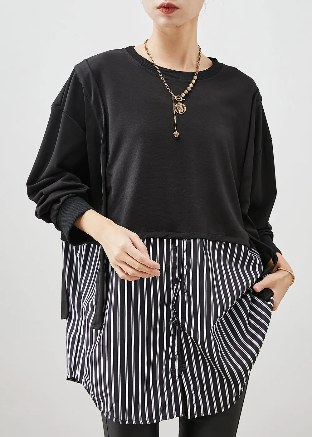 Black Oversized Patchwork Striped Cotton Sweatshirt Spring