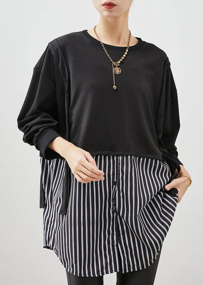 Black Oversized Patchwork Striped Cotton Sweatshirt Spring