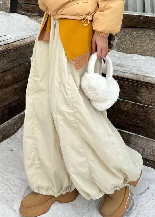 Apricot Drawstring Elastic Waist Cotton Filled Wide Leg Pants Winter