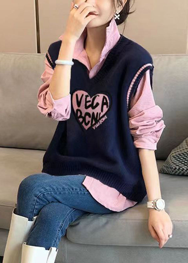Modern Pink Shirts and Navy Vest Knit Two Pieces Set Fall
