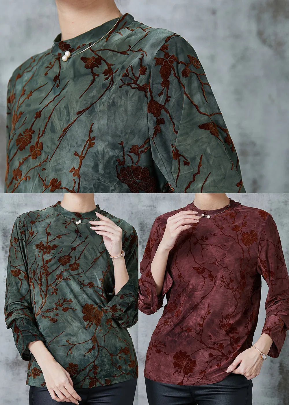 Blackish Green Jacquard Silk Velour Shirts Spring