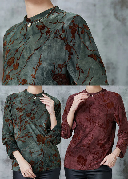 Blackish Green Jacquard Silk Velour Shirts Spring