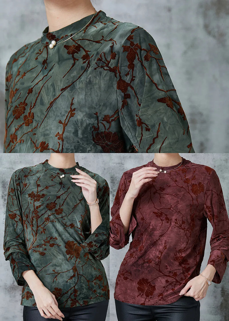 Blackish Green Jacquard Silk Velour Shirts Spring