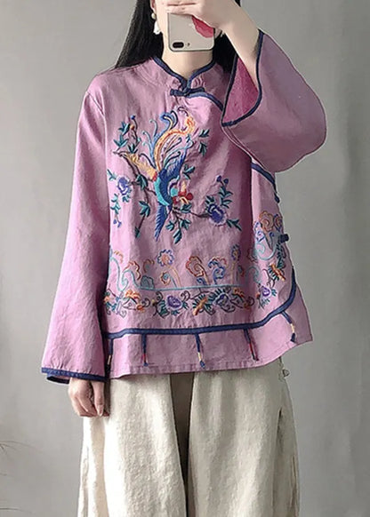 Classy Purple Stand Collar Embroideried Linen Top Long Sleeve