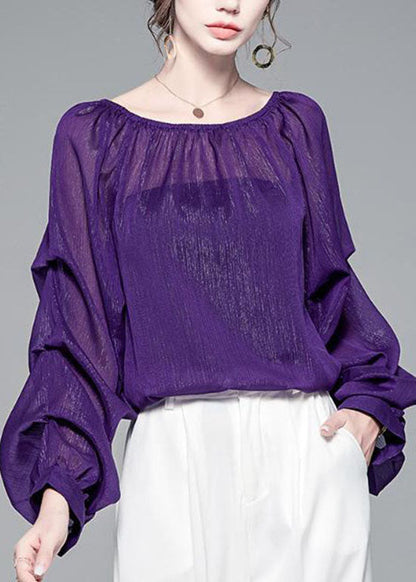 Style Purple Wrinkled Slash Neck Chiffon Tops Puff Sleeve
